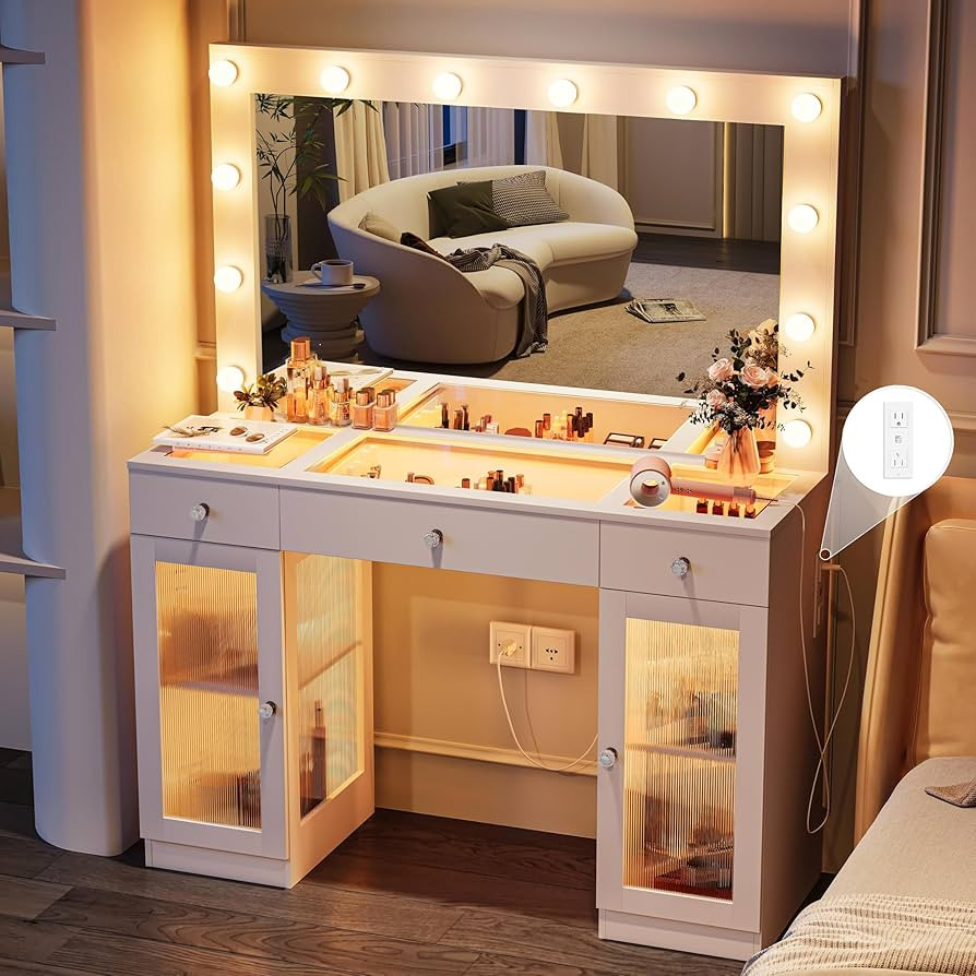Amazon.com: IFSEB Vanity Desk with Large Mirror and Lights, Glass Top Makeup Vanity with Lights &... | Amazon (US)