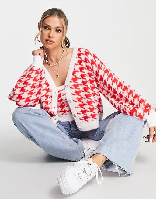 Missguided knitted houndstooth cardigan and tank top in red - part of a set | ASOS (Global)