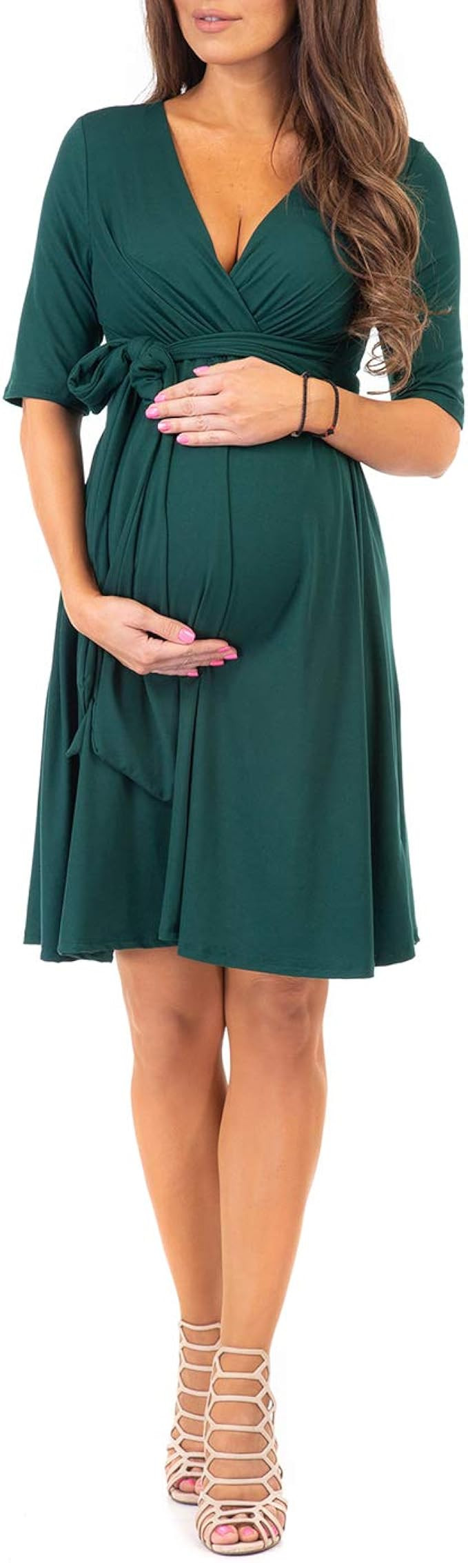 Mother Bee Maternity Knee Length Wrap Dress with Adjustable Belt | Amazon (US)