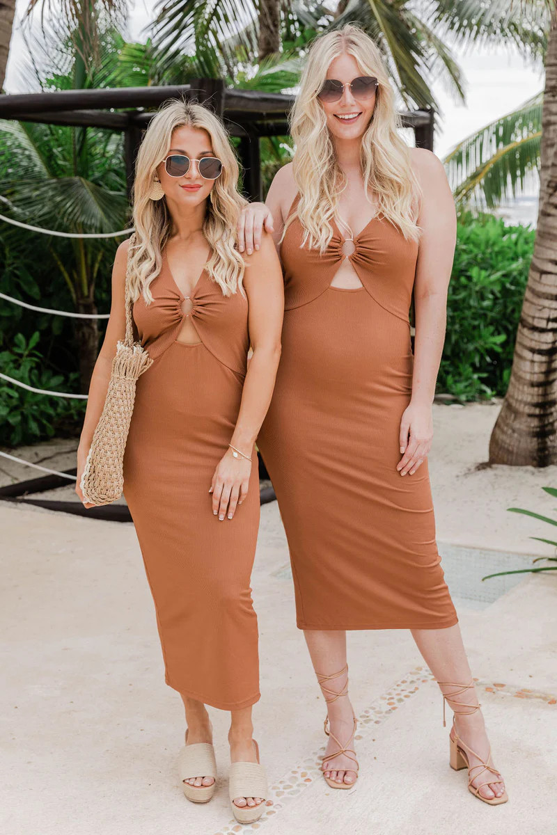Find Your Way Back Brown Ring Link Halter Ribbed Dress | The Pink Lily Boutique