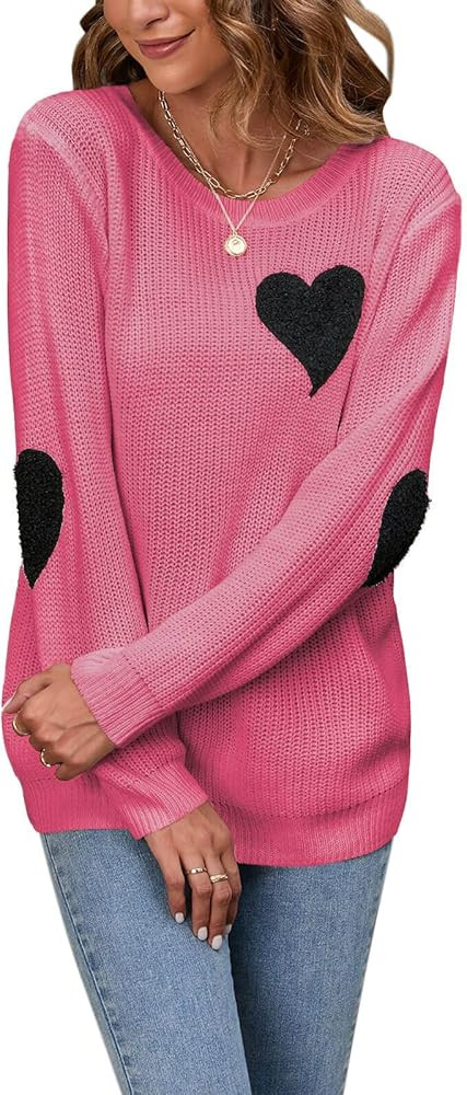 shermie Women's Cute Heart Pattern Elbow Patchwork Casual Crewneck Knitted Sweaters Pullover | Amazon (US)