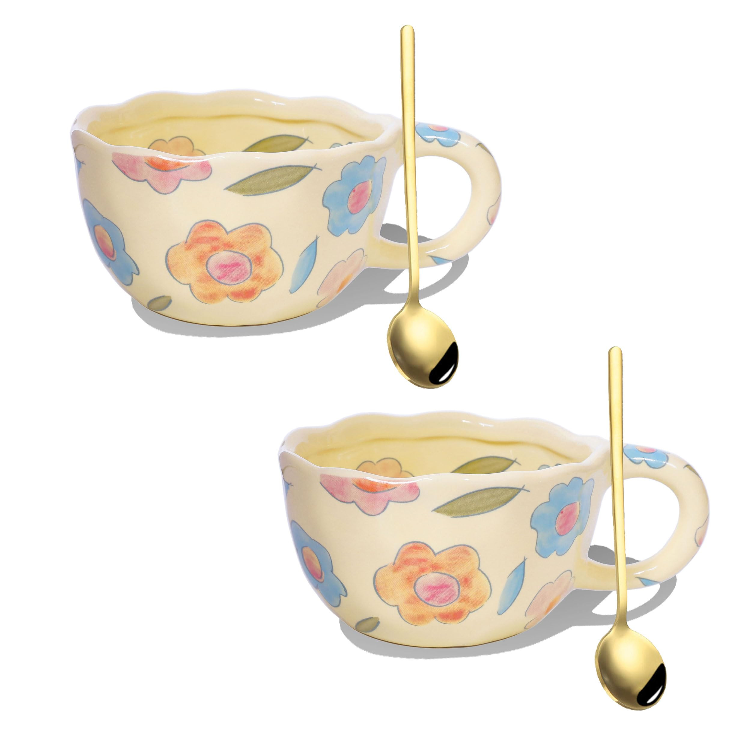 2 pcs Ceramic Coffee Mug 8.5oz Cute Floral Coffee Mug Retro Floral Cup with Handle Spoon Irregula... | Amazon (US)
