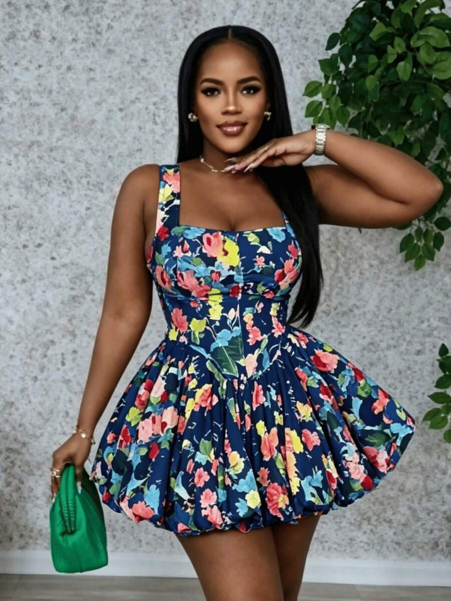 Local2026 New Stylish U Neck Floral Bubble Hem Dress Summer Sundress Chic Women's Sleeveless Flow... | SHEIN