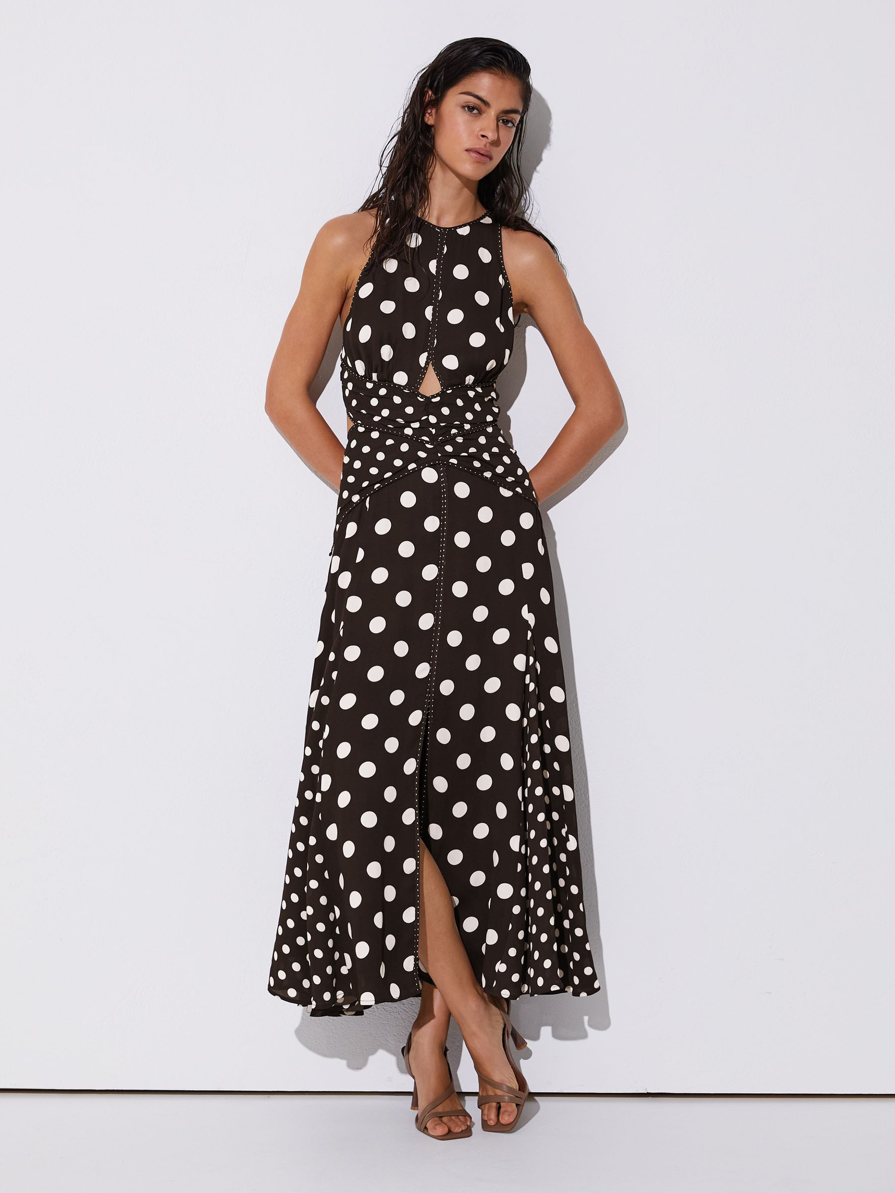 Polka-Dot Cut-Out Midi Dress in Chocolate Brown/Ivory | Reiss UK