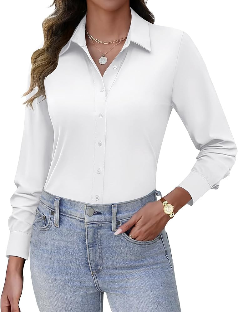 HOTOUCH Button Down Shirts for Women Long Sleeve Stretch Dress Shirts Work Blouses Slim fit Offic... | Amazon (US)