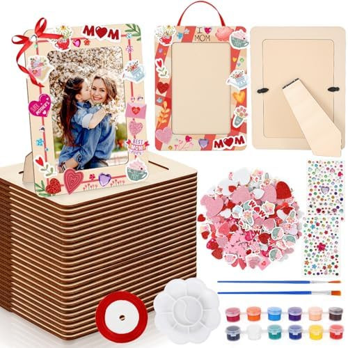 FULJOOY 24 Packs Mother's Day DIY Wooden Picture Frames Painting Craft Kit with Heart Foam Sticke... | Amazon (US)