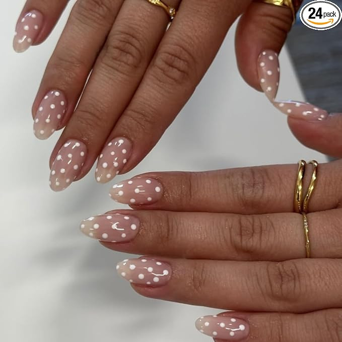 White Polka Dot Press on Nails Almond Fake Nails Cute Pink False Nails White Dot Design Medium Fu... | Amazon (US)