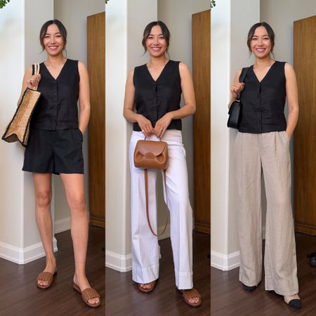 Styling a black linen vest 3 ways for spring and summer 

Linen vest - went with xs for pregnancy but my true size is xxs 
Linen trousers - wearing xs during pregnancy but my true size is xxs or PP (petite petite)
White wide leg jeans - tts wearing petite length 
Tailored shorts size 0
Slingback heels - runs narrow & I sized up half a size! 
Brown sandals 

Casual outfits / travel outfit ideas / mini spring capsule / summer outfits / travel capsule 

#LTKStyleTip #LTKSeasonal