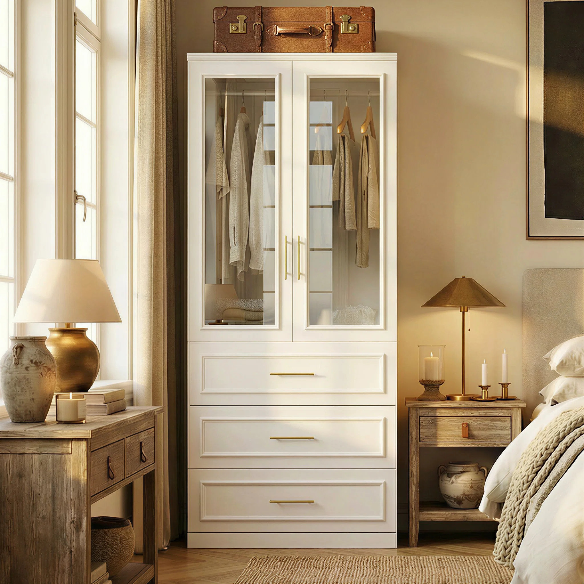 Mercer41 2-Door 3-Drawer Wood and Glass Armoire | Wayfair North America