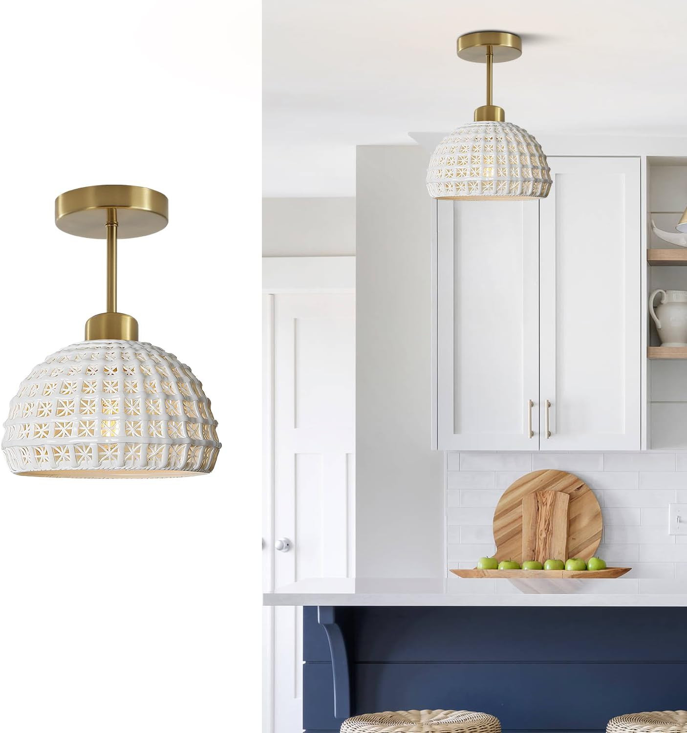 Modern Semi Flush Mount Ceiling Light Fixture Whit Cave White Ceramic Shade Mid Century Brass Hal... | Amazon (US)
