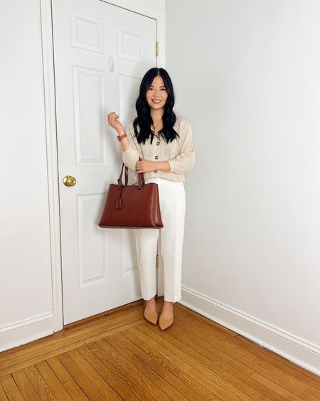 Cream cardigan (XS)
White pants (4P)
Dark brown tote bag
Tan pumps (1/2 size up)
Neutral outfit
Spring outfit
Work outfit
Smart casual outfit
Teacher outfit

#LTKworkwear #LTKstyletip #LTKfindsunder100