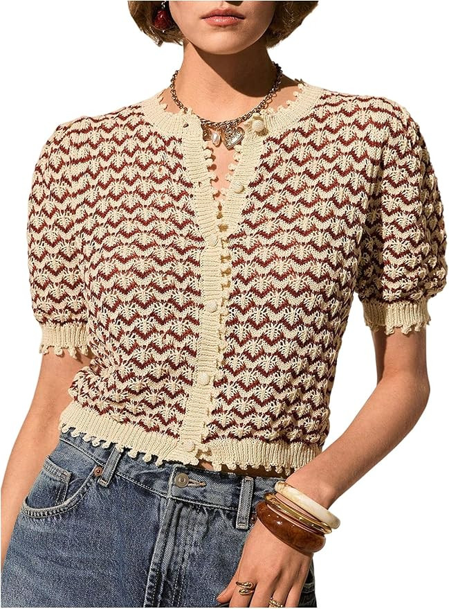 SOLY HUX Women's Striped Short Sleeve Cardigans Vintage Button Down Sweater Lightweight Crochet K... | Amazon (US)