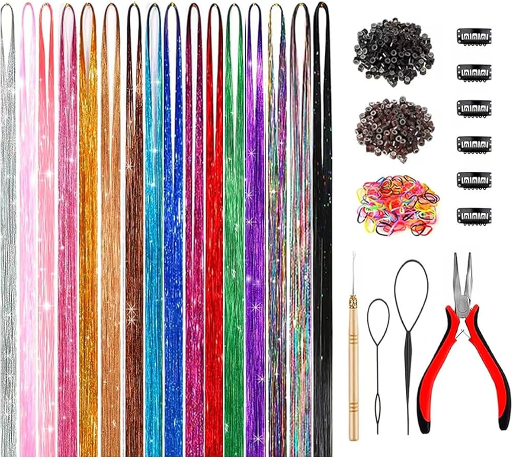 Hair Tinsel Kit (48 Inch,16 Colors,3200 strands), Tinsel Hair Extensions with Tools，Heat Resist... | Amazon (US)