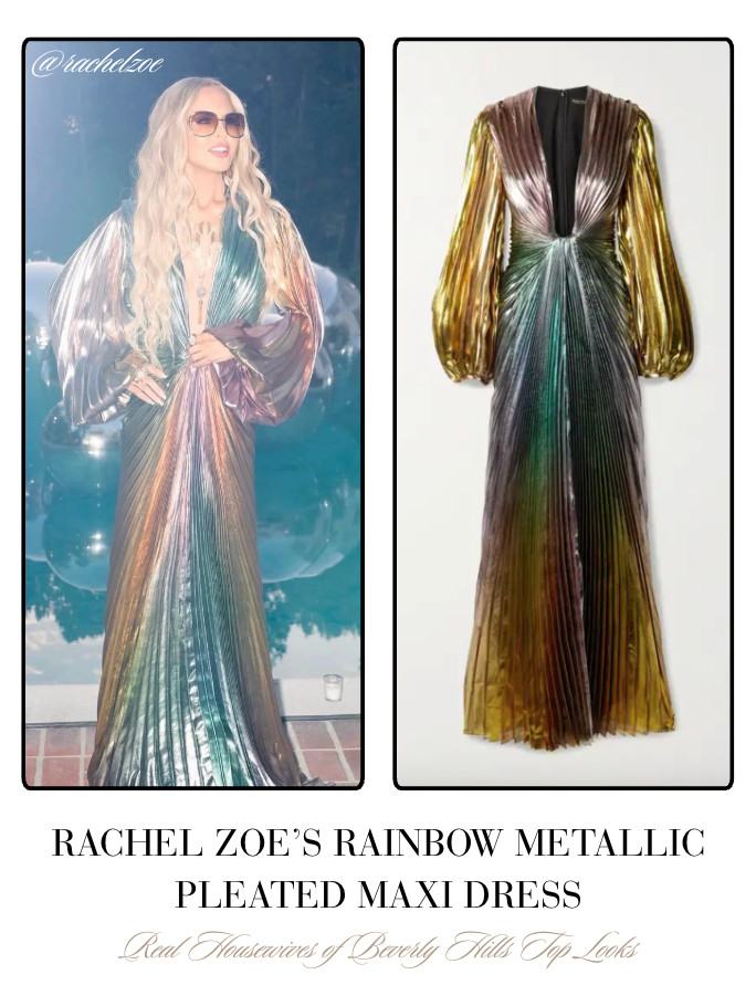 Rachel Zoe's Rainbow Metallic Pleated Maxi Dress is by Reem Acra // Shop Similar 📸= @rachelzoe 

 