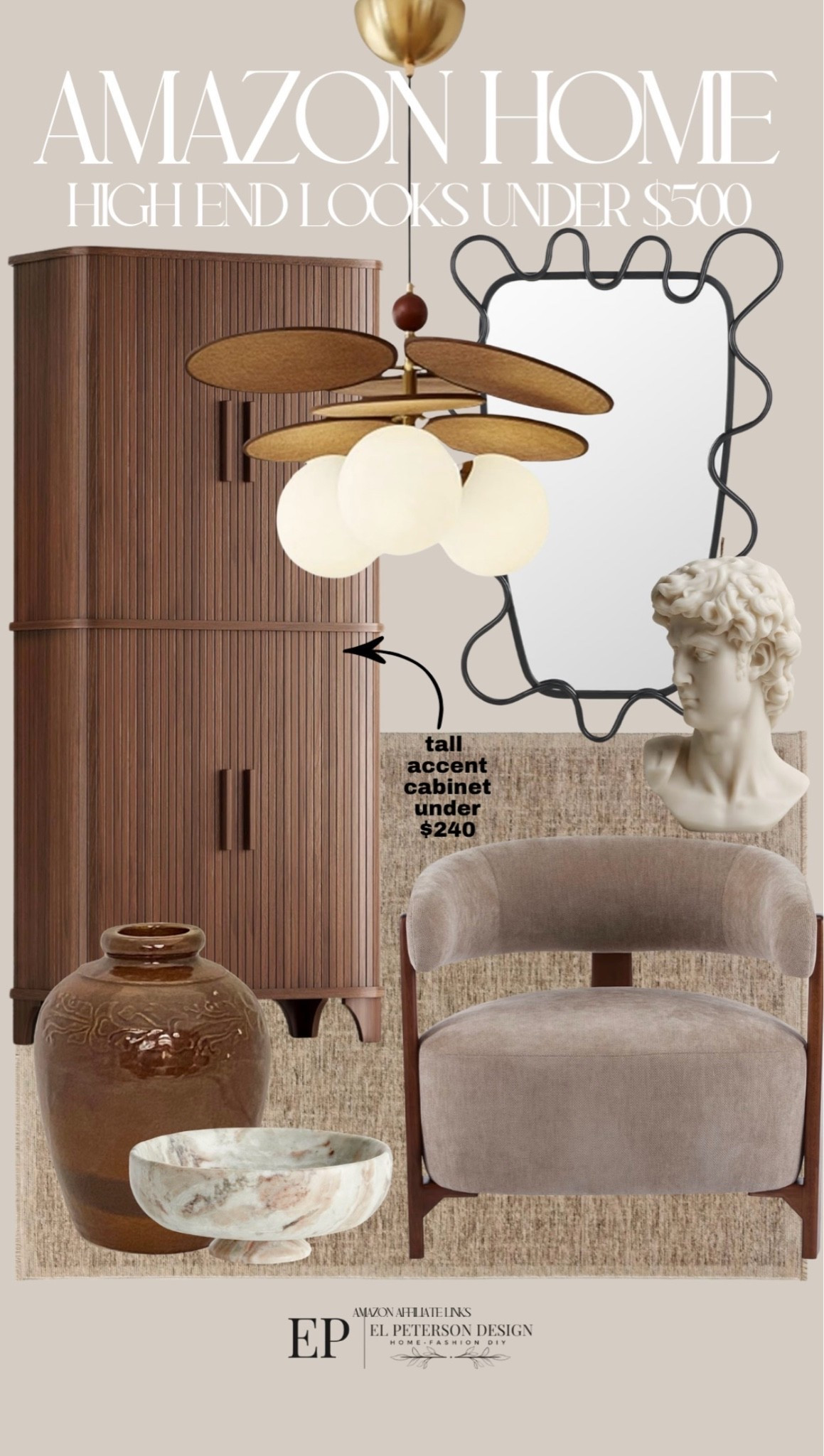 Amazon
Candle
Mirror
Pendant light
Accent Chair
Vase
Tall accent cabinet 
Bowl

#LTKHome