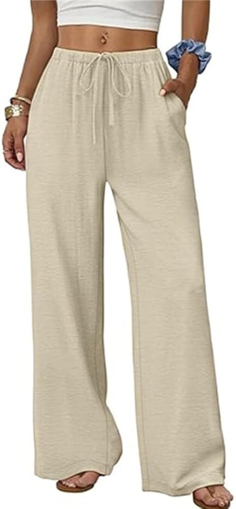 Women's Wide Leg Pants Flowy Palazzo Drawstring Elastic Waist Trousers with Pockets Summer Beach | Amazon (US)