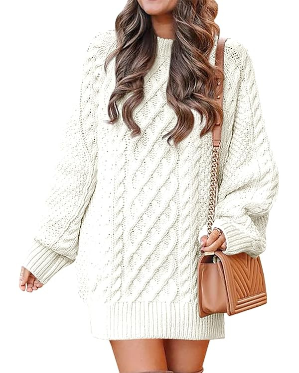 ANRABESS Women 2023 Fall Crewneck Long Sleeve Oversized Cable Knit Chunky Pullover Short Sweater ... | Amazon (US)