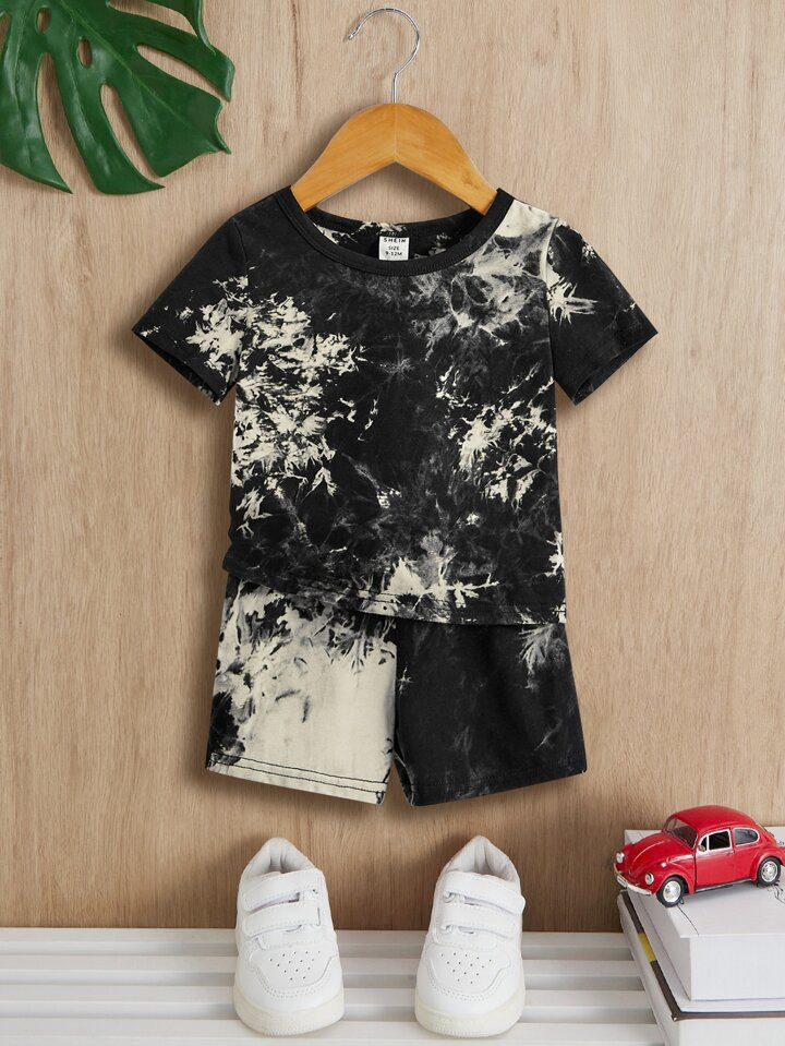 SHEIN Baby Boy Apricot & Black Dyed Casual T-Shirt And Shorts Set, Simple And Comfortable Style F... | SHEIN