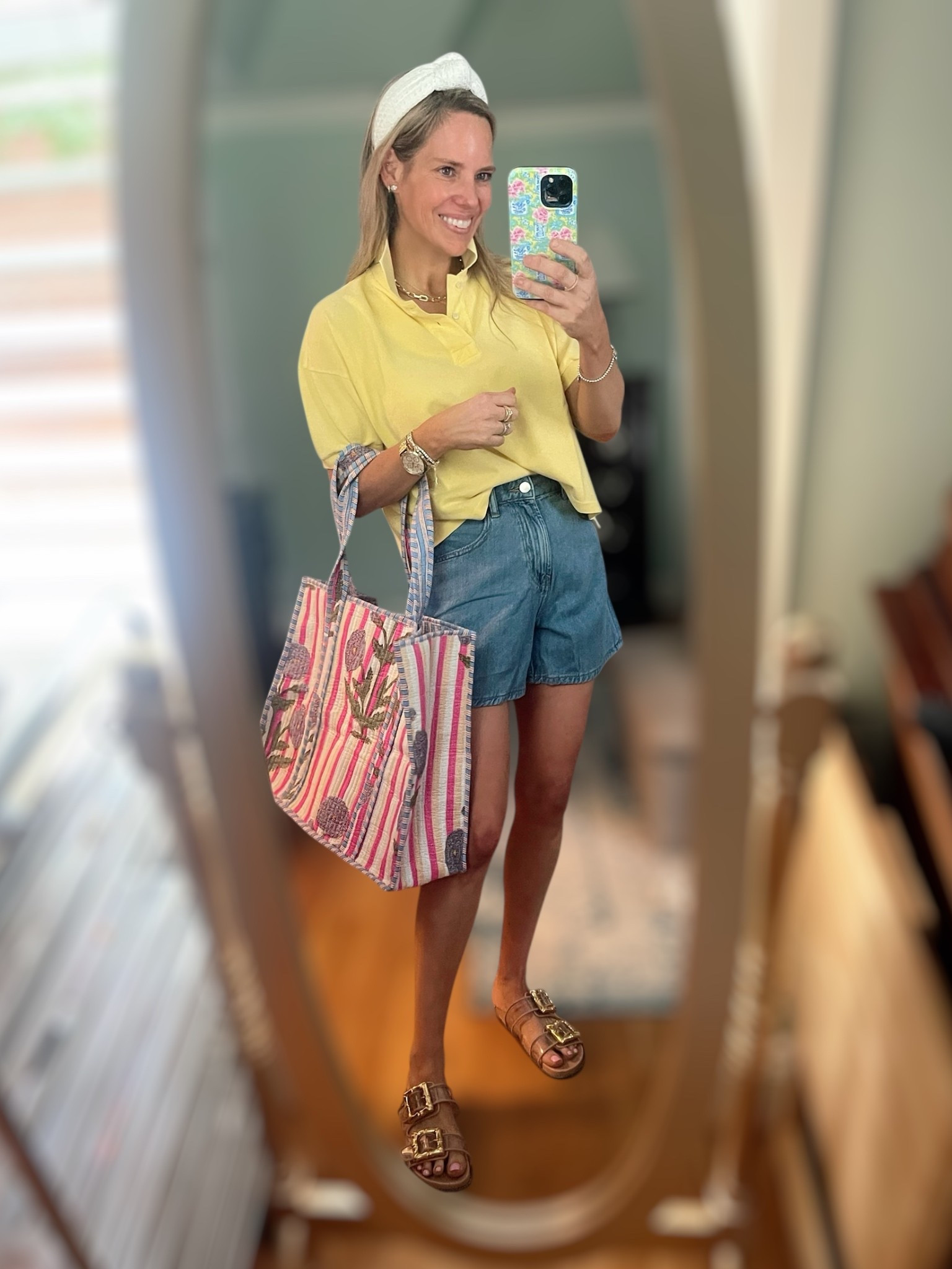 Use code PREPPYREBEL for 10% off Melinda Maria Jewelry!
This summer-ready look is giving classic coastal prep — perfect for errands, beach days, or grabbing iced coffee in style!

Outfit Details:
Polo Shirt: A sunshine-bright yellow Tuckernuck polo — timeless, tailored, and effortlessly chic
Shorts: High-rise chambray shorts with a pleated front and relaxed leg opening (wearing size 24 — flattering & comfy!)
Sandals: Double buckle slides with gold hardware that give designer vibes without the price tag
Tote Bag: Striped canvas bag with embroidered pineapples — roomy, beachy, and totally adorable!
Accessories:
	•	White headband adds a polished prep-school touch
	•	Melinda Maria gold jewelry stack — don’t forget to use code PREPPYREBEL for 10% off!
	•	Layered bracelets, rings, and dainty chain necklace

Style Tip: Tuck the polo loosely into the waistband for that effortlessly styled vibe — or tie it up with a twist for something more playful!

#tuckernuckstyle #preppychic #summerstyleinspo #melindamaria #mymmloveletter #LTKsummer #classicwithatwist #chambrayshorts #coastalprepstyle #LTKunder100

#LTKFindsUnder50 #LTKOver40 #LTKFindsUnder100