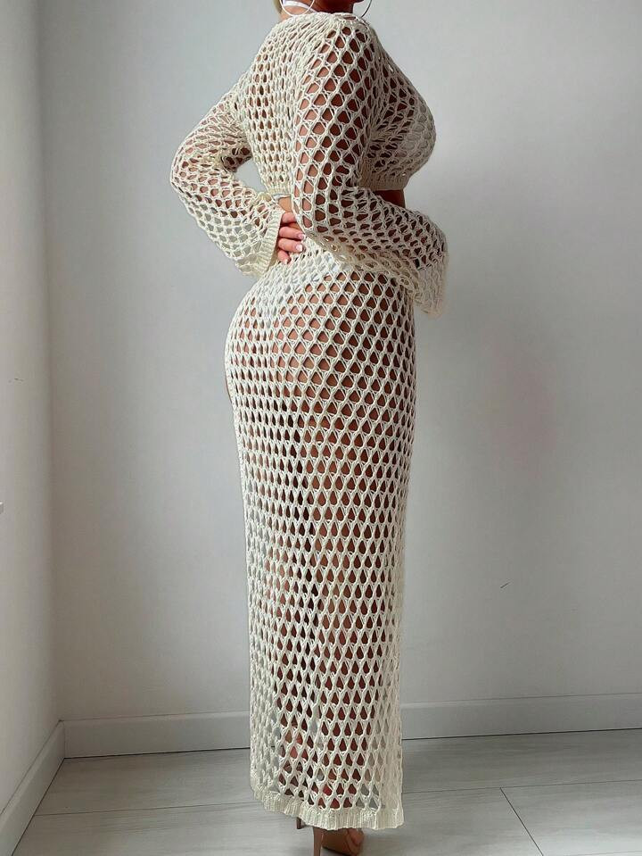 Swim Chiccia Vacation Beach Hollow Out Knit Cover-Up Set, Solid Color Summer | SHEIN