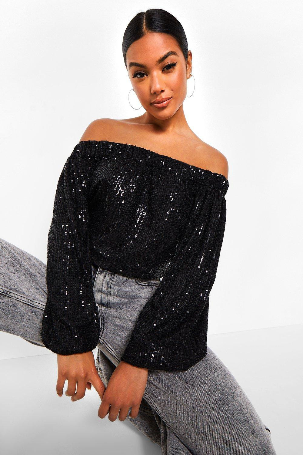 Womens Sequin Off The Shoulder Top - Black - 6 | Boohoo.com (US & CA)