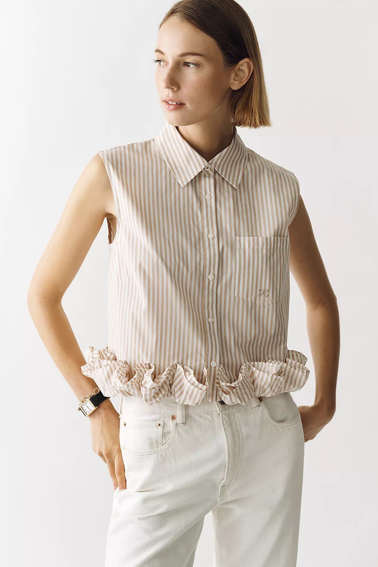 Maeve Cotton Ruffle Buttondown Shirt | Anthropologie (US)