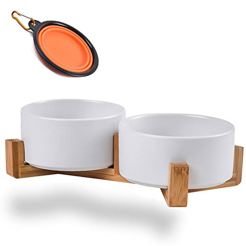 Petygooing Dog Bowls,White Ceramic Cat Dog Bowl Set with Wood Stand for Food and Water Feeder, Modern Pet Dish Set for Cats and Small Size Dogs Puppy (13.5OZ/5.1 in) | Amazon (US)