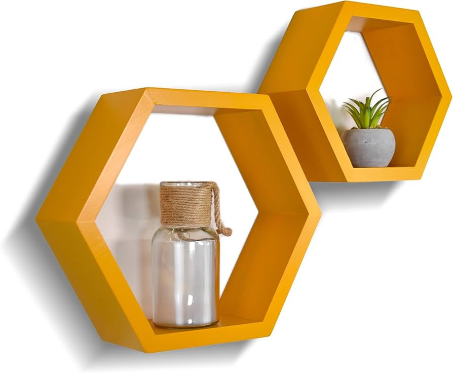 Farmhouse Rustic Boho Wall Decor - Hexagon Honeycomb Shelves Set of 2 - Pine Wood Spicy Mustard W... | Amazon (US)