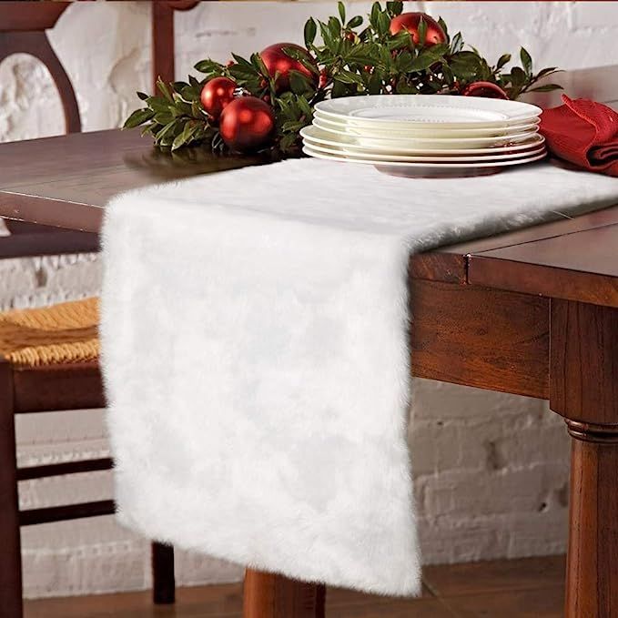 OurWarm Luxury Christmas Table Runner Snowy White Faux Fur Table Runner for Christmas Table Decor... | Amazon (US)