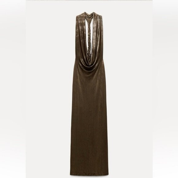 ZARA LONG FOIL HALTER DRESS | Poshmark