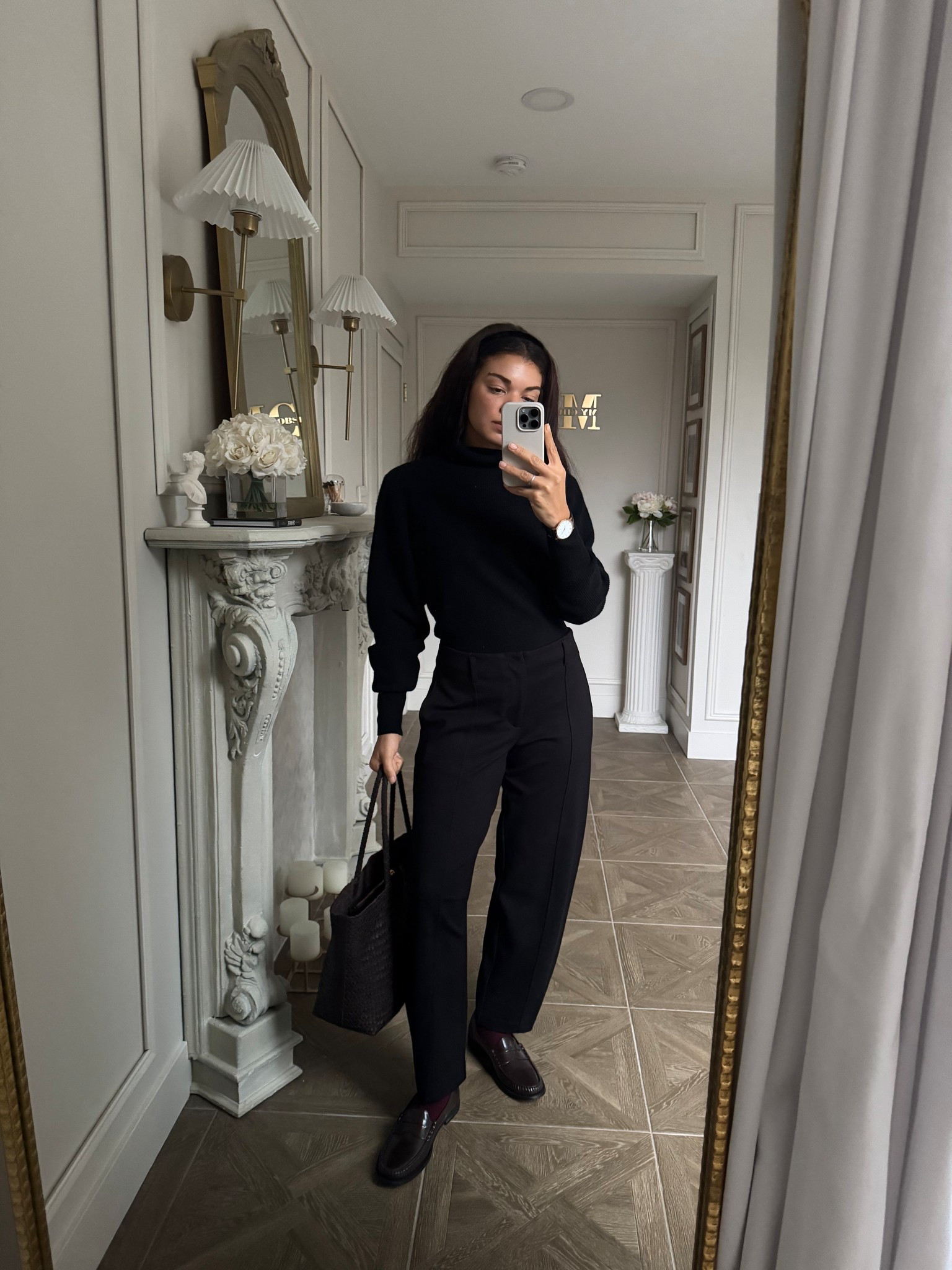 Sophisticated fall outfit: black turtleneck, black pants, burgundy socks, chocolate brown penny loafers, leather watch, and chocolate brown woven tote

#LTKWorkwear #LTKootd