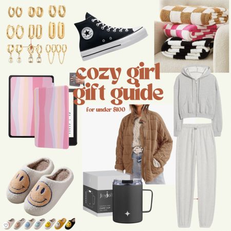 holiday gift guide for the ~cozy girl~ #under100
gold huggie earrings, platform high tops converse, fuzzy checkered blanket, colorful kindle cases, smiley face slippers, insulated coffee mug, quilted jacket, old navy sweatsuit
•
•
•
#holidayguide #stockingstuffers #sale #shopnow #christmasguide #birthdayguide #trendy #winter #fall #girly #styletips #holidaysale #tiktok 

#LTKsalealert #LTKHoliday #LTKGiftGuide