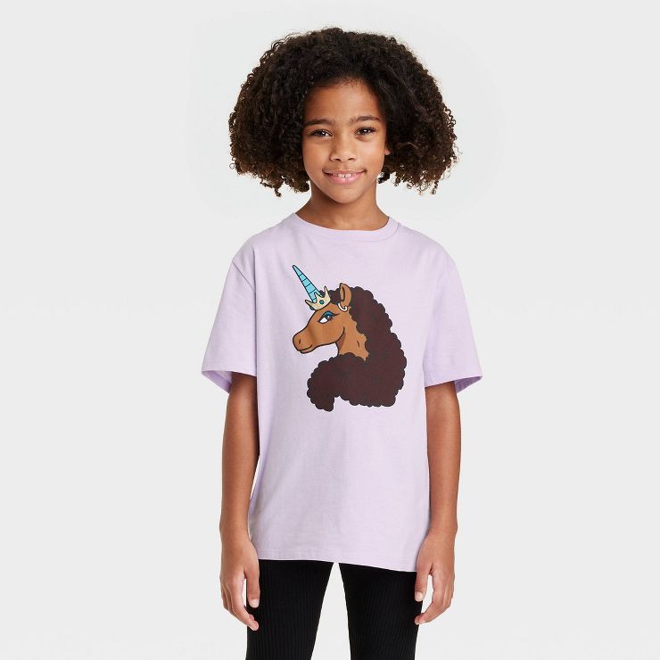 Girls' Afro Unicorn Short Sleeve Graphic T-Shirt - Lavender | Target
