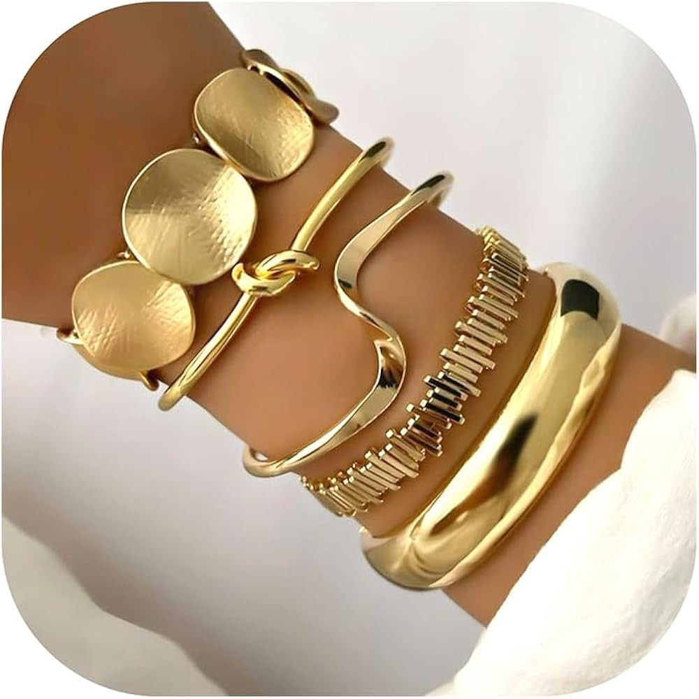 iF YOU Gold Bangle Bracelets for Women, Geometric Circle Asymmetrical Shape Twisted Texture Metal... | Amazon (US)