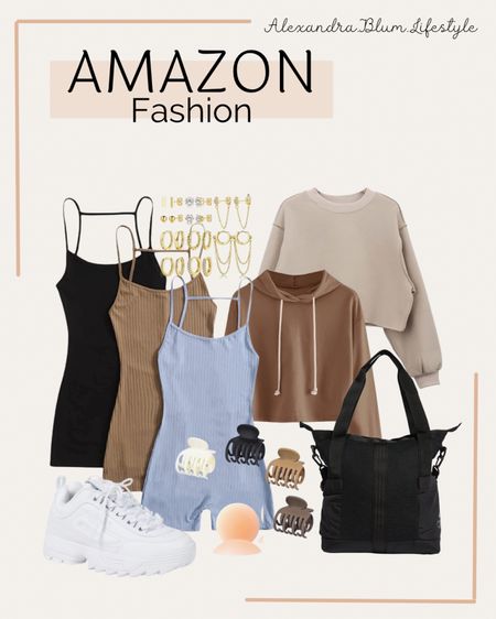 Amazon fashion finds! Workout ribbed jumpsuit onesie, cropped sweatshirt, white athletic sneakers, black tote bag, hair clips, sticky boobs, gold earrings! Lounge outfits! Summer outfits! Athletic outfits

#LTKFind #LTKunder100 #LTKSeasonal
