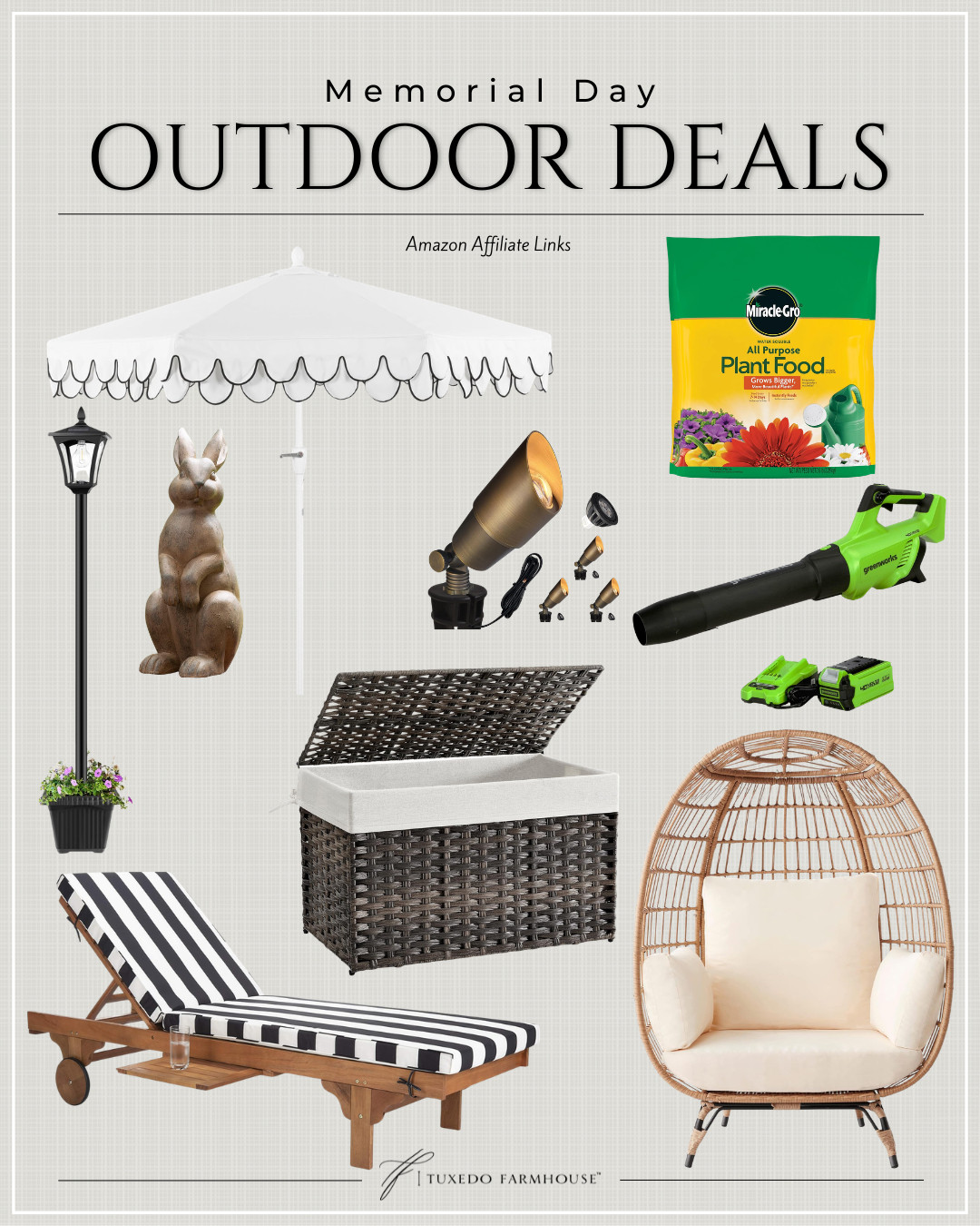 ☀️ Memorial Day deals are here and outdoor season just got an upgrade 🤍 From statement patio pieces to practical backyard favorites, these are the finds that instantly make your outdoor spaces feel more elevated and more functional. Think cozy lounging, pretty landscaping details, garden must-haves, and those little upgrades that make summer at home feel like a getaway.

The best part? So many of these are on sale right now 👏 Memorial Day prices are the time to grab bigger-ticket outdoor pieces before they bounce back.

#LTKHome #MemorialDayDeals #OutdoorLiving #PatioInspiration #AmazonHomeFinds #BackyardGoals #SummerStyle #HomeDecorFinds #TuxedoFarmhouse 

 #LTKSeasonal #LTKHome #LTKSaleAlert