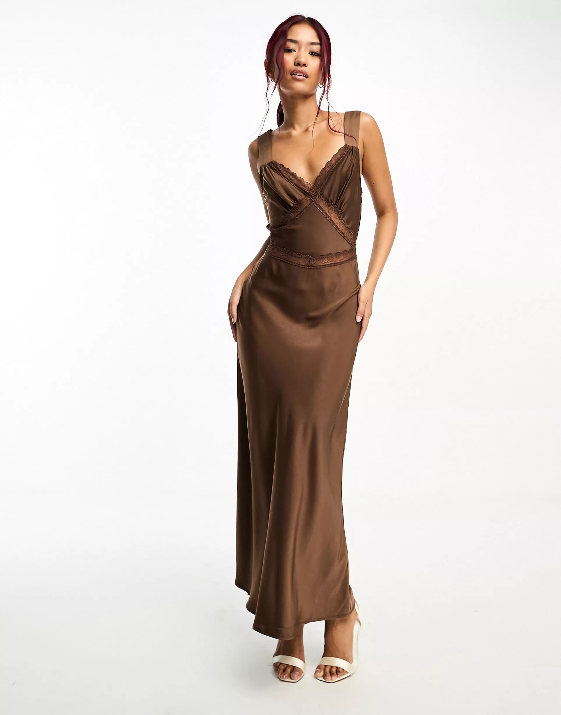 Bardot lace slip dress in brown | ASOS (Global)