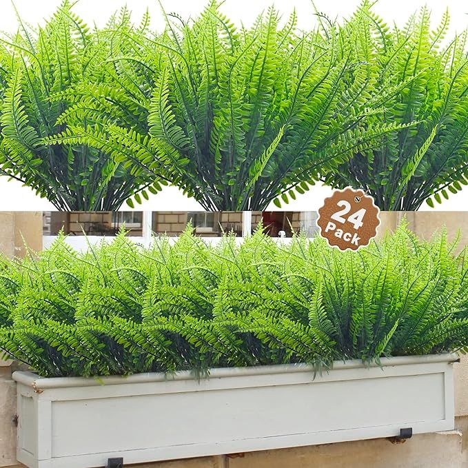 Aufind 24 Bundles Artificial Plants, Outdoor Indoor UV Resistant Fake Boston Fern Faux Plant No F... | Amazon (US)