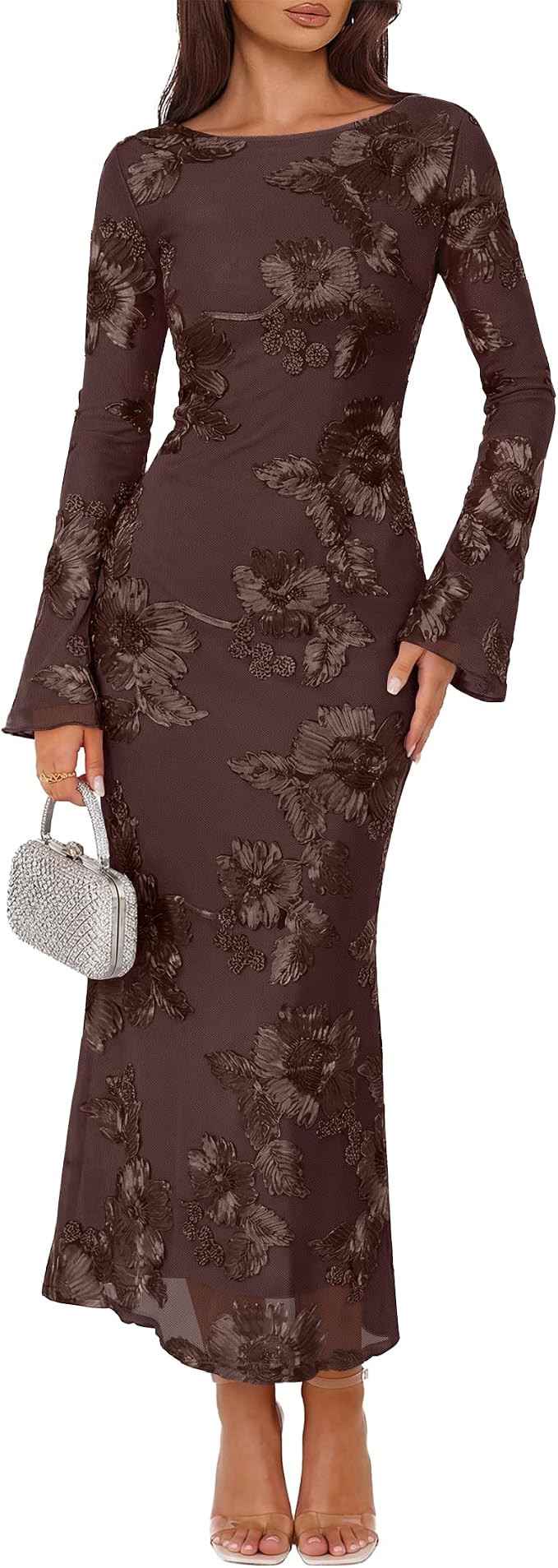 ZESICA Women Fall Long Sleeve Wedding Guest Cocktail Midi Dress | Bodycon, Mesh, Back Slit, Flora... | Amazon (US)