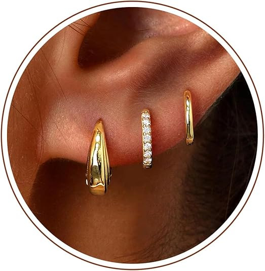 Poxtex Small Sterling Silver Huggie Hoop Earrings Set for Women, Hypoallergenic 14K Gold Plated H... | Amazon (US)