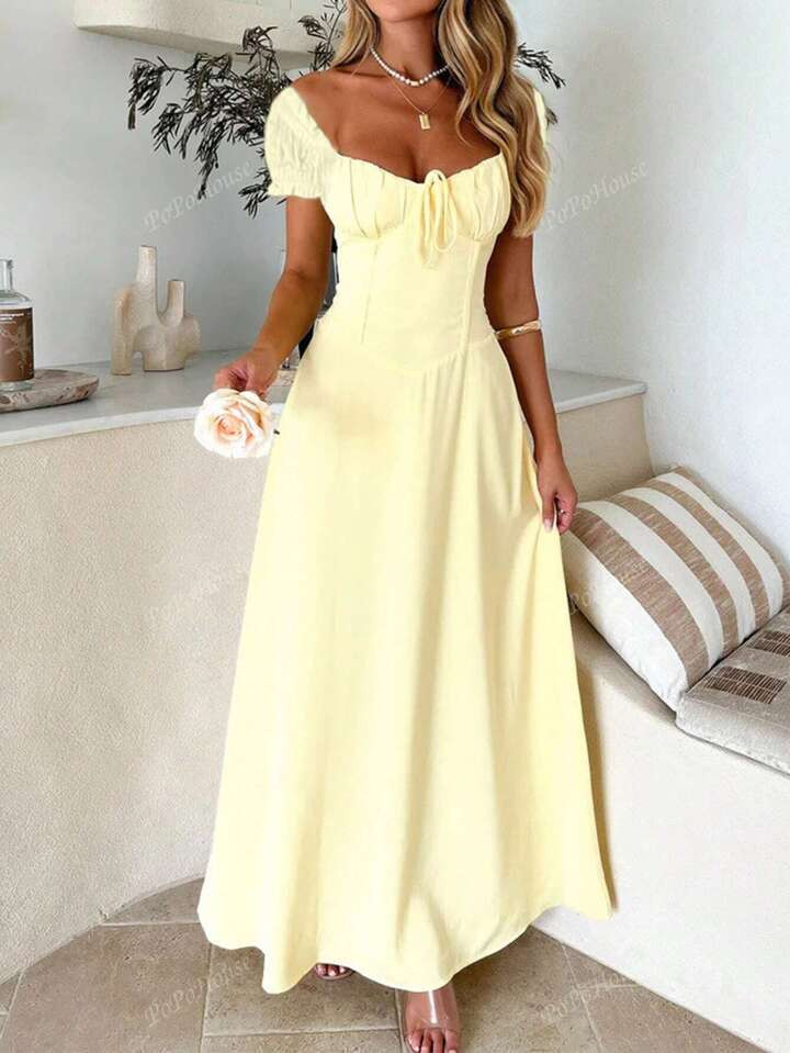 PoPoHouse Women's Solid-Color Bohemian Vacation-Style Dress With A Low-Cut Off-The-Shoulder Neckline And Back Tie Detailing. | SHEIN