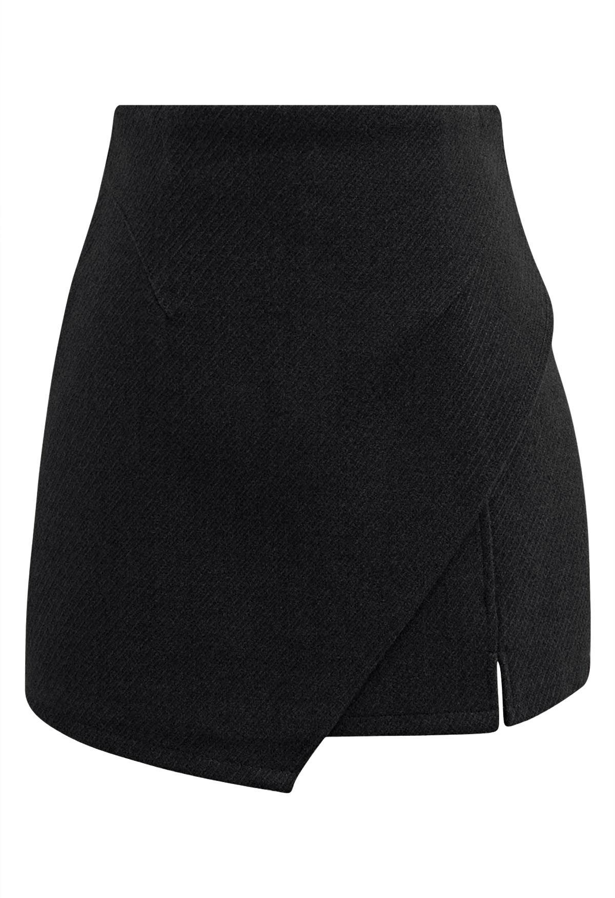 Notched Hem Wool-Blend Flap Mini Skirt in Black | Chicwish