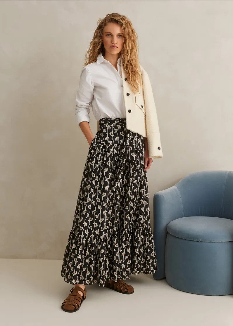 Silk Cotton Ginko Leaf Print Skirt + Belt | ME+EM Global (Excluding US)