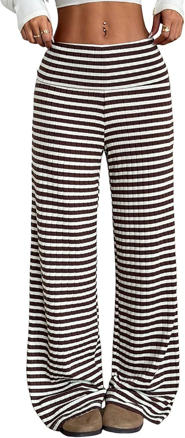 ZAFUL Women's Striped Pants Casual Fold Waist Wide Leg Pants Lightweight Comfy Stretchy Loose Lou... | Amazon (US)