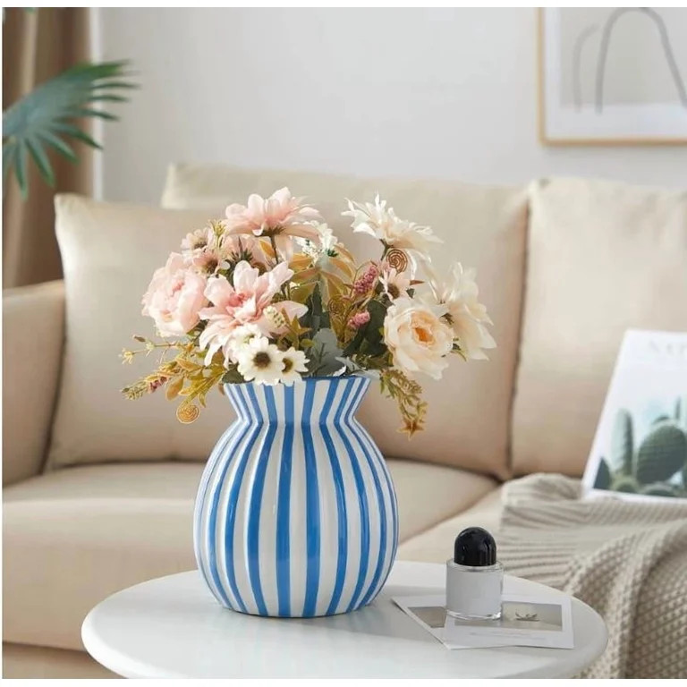 Coollooc Striped Ceramic Vase, 6.5" x 7.5" Blue and White Round Vase for Tabletop Decoration, Wid... | Walmart (US)