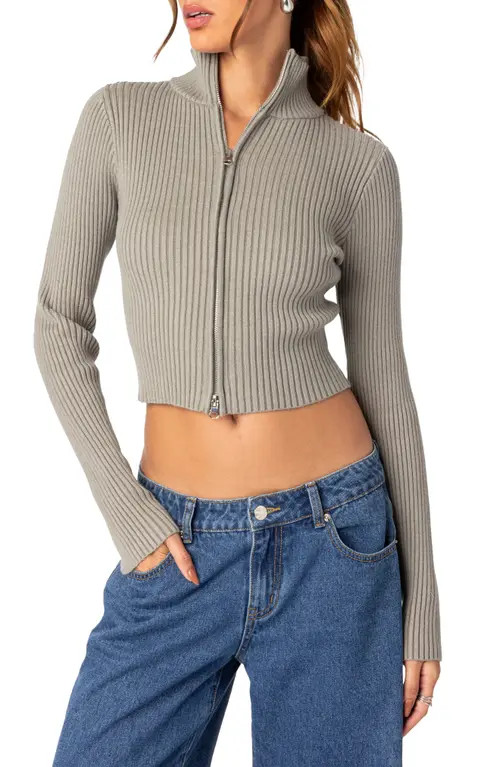 EDIKTED Crop Front Zip Rib Cardigan in Sage at Nordstrom, Size X-Small | Nordstrom