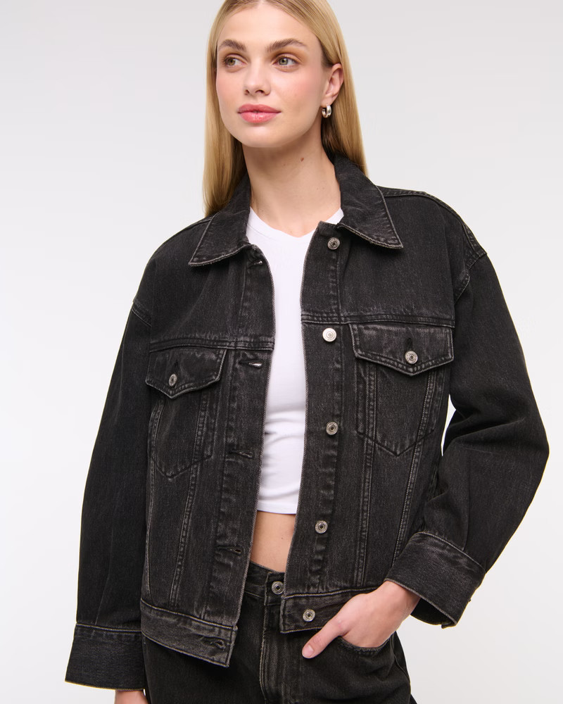 Women's Oversized Distressed Denim Trucker Jacket | Women's Coats & Jackets | Abercrombie.com | Abercrombie & Fitch (US)