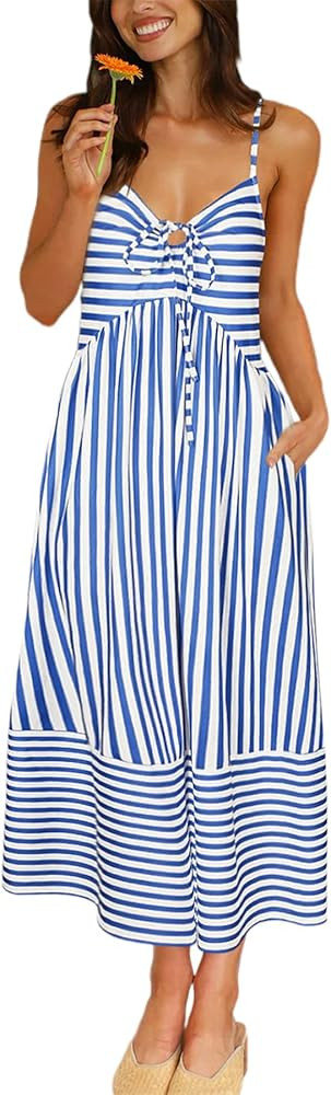 Fashionme Womens Summer Maxi Dresses 2025 Trendy Striped Vacation Boho Beach Spaghetti Strap Sund... | Amazon (US)