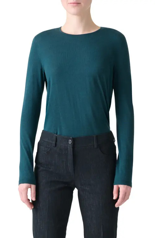 Akris Fine Gauge Cashmere & Silk Crewneck Sweater in River Green at Nordstrom, Size 8 | Nordstrom