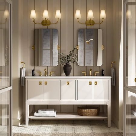 Great news. This elegant double sink vanity by Kohler X Studio McGee collection with quartz top is back to stock. We love the tapered legs, drop ring pulls , beveled edges and the curves. It has both classical and modern influences. The cream color is very elegant. 

#LTKSeasonal #LTKHome #LTKFamily